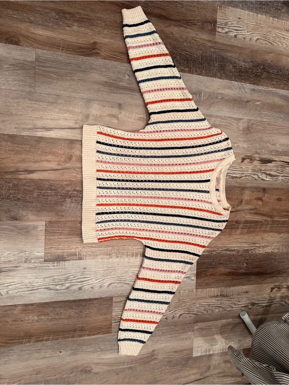 Knox Rose Cream Striped Open-Knit Crewneck Sweater Cotton Layer Sz L - Picture 6 of 8